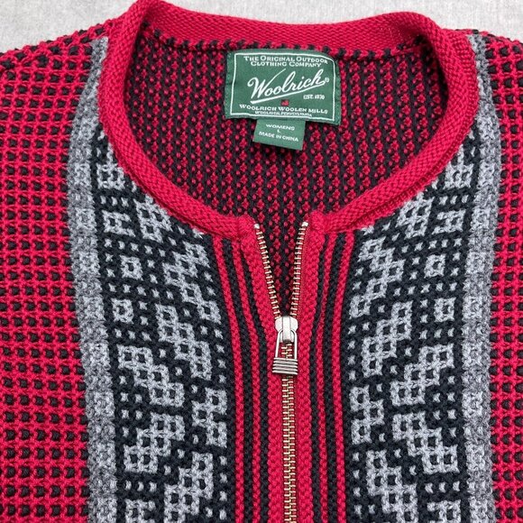 Woolrich‎ Cardigan Women Large Red Black Zip Basket Weave Check Cotton Sweater - Picture 2 of 11